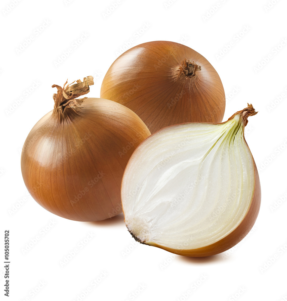 3 yellow onion isolated on white background as package design element