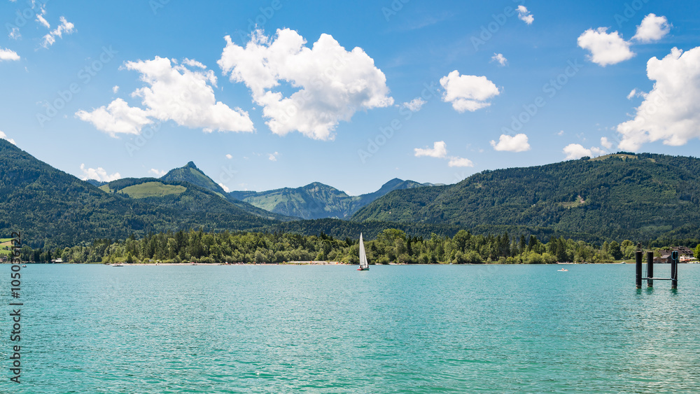 Panoramic view of lake Wolfgangsee in summer, St. Wolfgang near Salzburg Austria