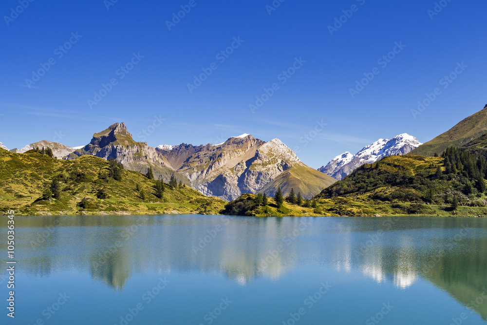 View over mountain lake in Swiss Alps