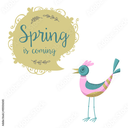 Hello spring vector illustration of bird and talking bubble. You can write here your own text. Greeting card text templates. Hello spring lettering modern style.