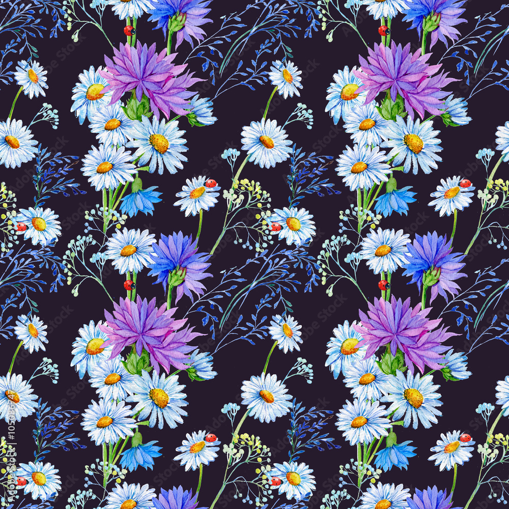 seamless pattern .Illustration watercolor,flowers,wild flowers ,daisies,cornflowers - obrazy, fototapety, plakaty 