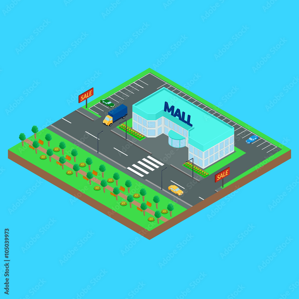 Vector illustration. Mall on a city street. Road, car, truck, Park. Isometric