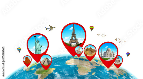 Fototapeta Naklejka Na Ścianę i Meble -  Monuments of the world on planet Earth on white background