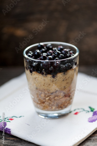 Chia seeds pudding with blueberries in a glass