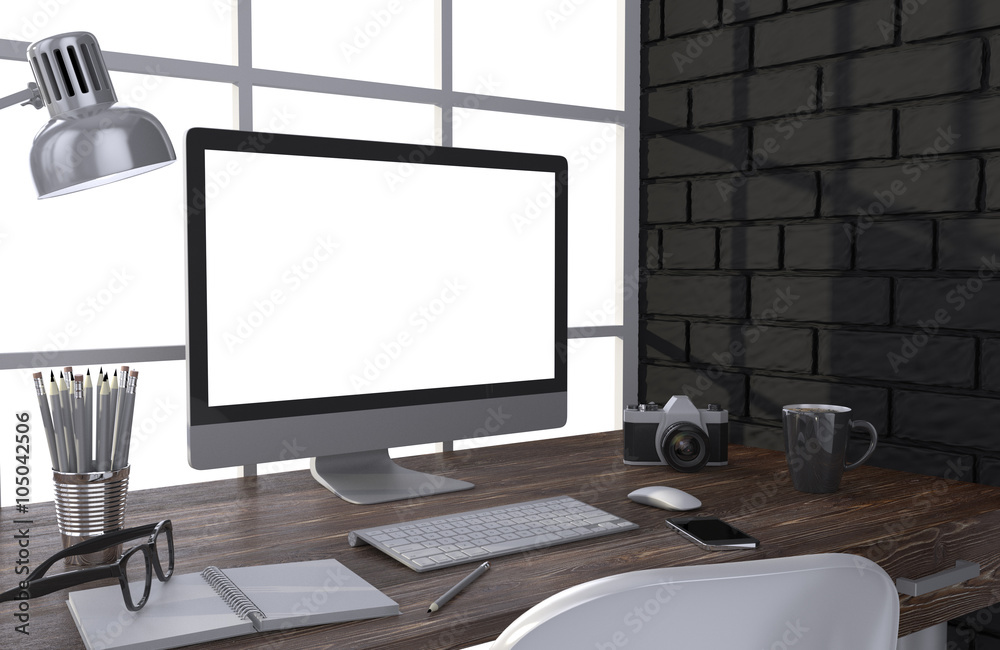 Fototapeta premium 3D illustration PC screen on table in office, Workspace