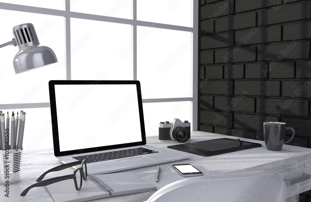 3D illustration laptop and work stuff on table near brick wall, Workspace