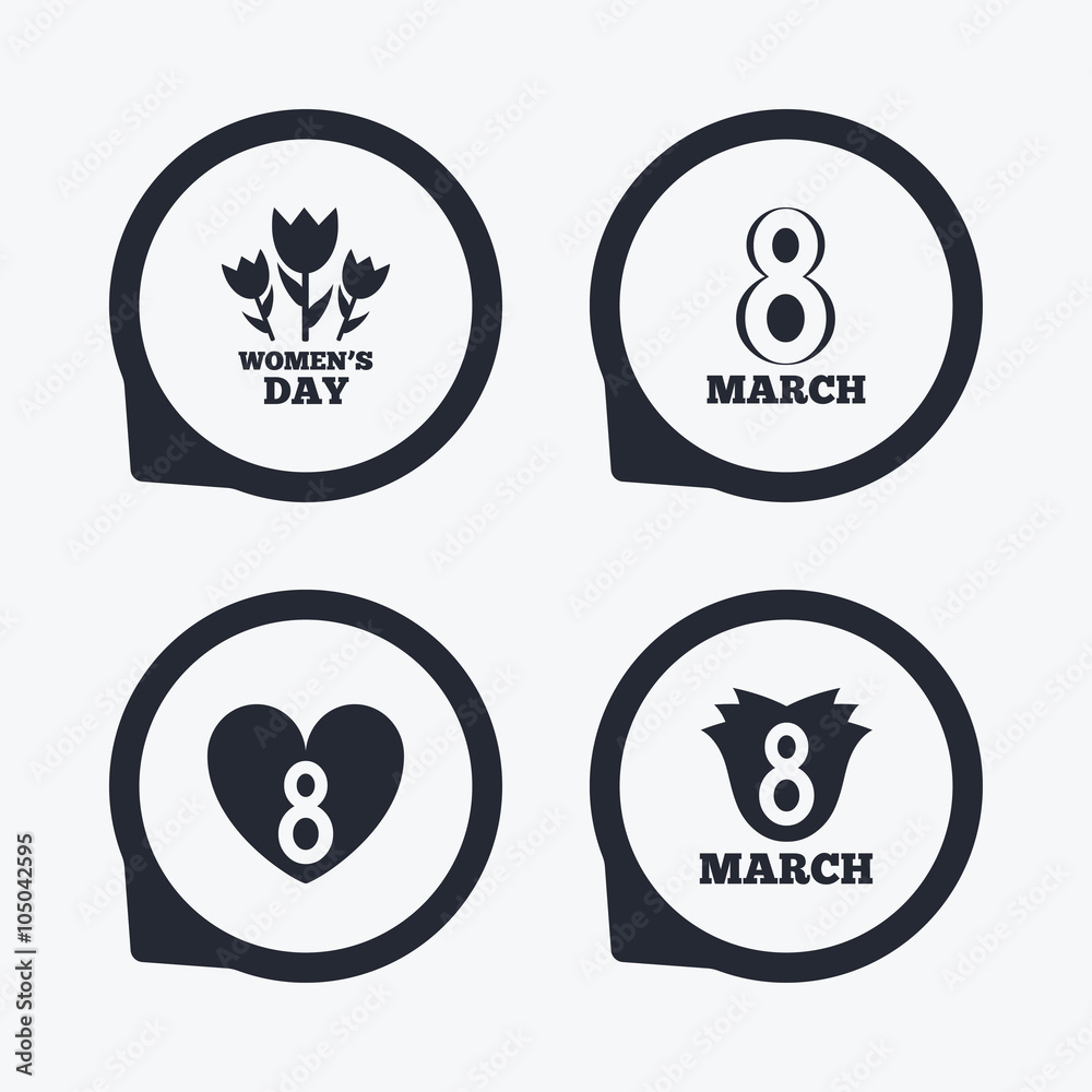 8 March Women's Day icons. Flower, heart symbols 8 March Women's Day icons. Flower, heart symbols