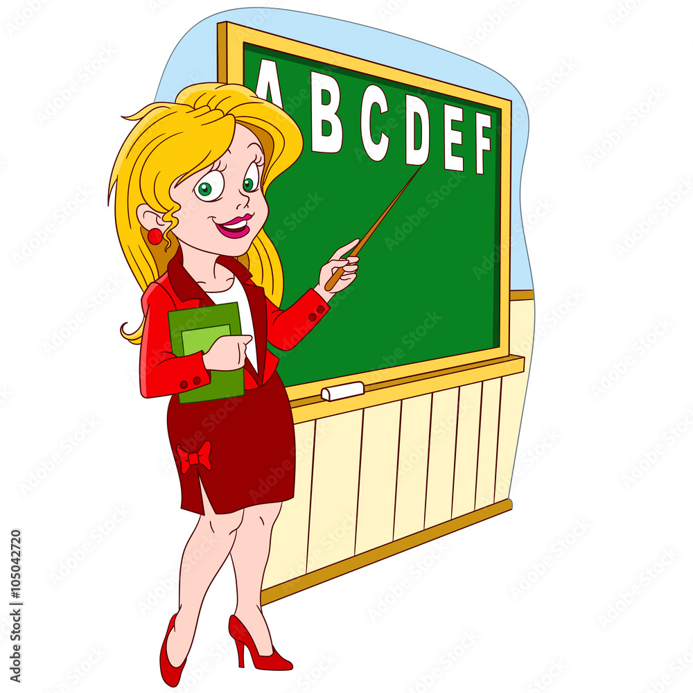 cute and lovely cartoon teacher with a book pointing on a chalk hand drawn  english alphabet, isolated on a white background Stock Vector | Adobe Stock