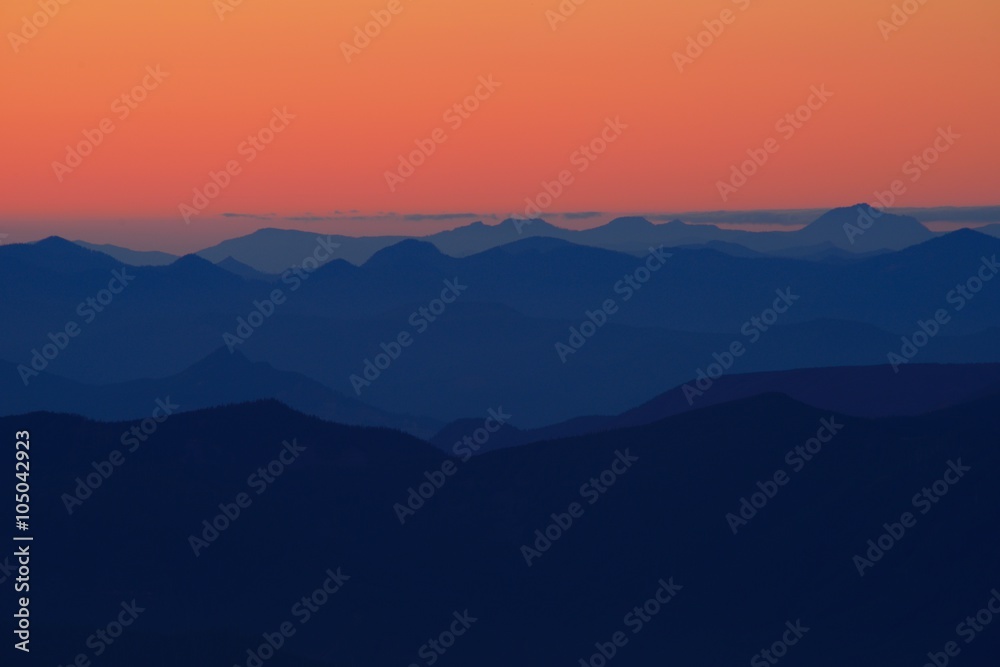 Scenic mountains view after sunset. View from Mt. Hood, Cooper Spur. USA Pacific Northwest, Oregon.