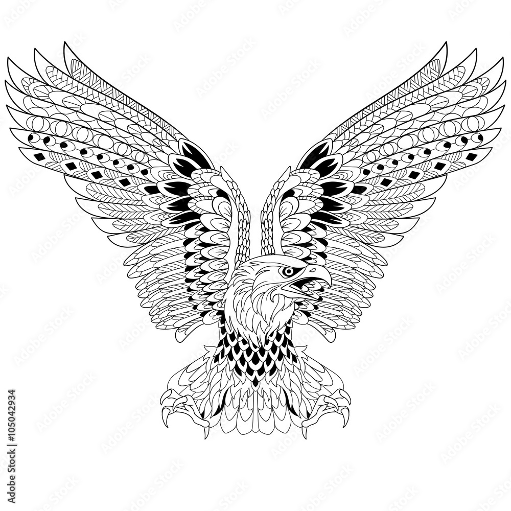 Naklejka premium Zentangle stylized cartoon eagle, isolated on white background. Sketch for adult antistress coloring page. Hand drawn doodle, zentangle, floral design elements for coloring book.