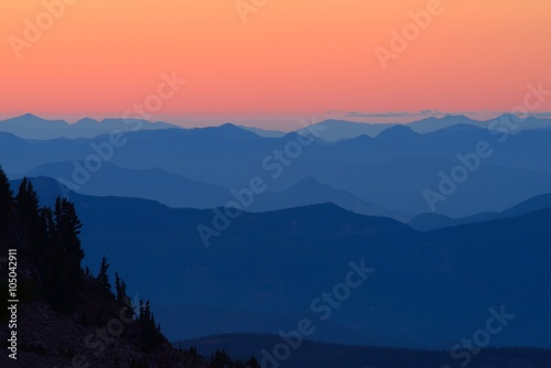 Scenic mountains view after sunset. View from Mt. Hood, Cooper Spur. USA Pacific Northwest, Oregon.
