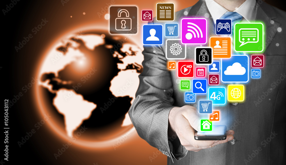 Business man using smart phone with social media icon set Business man using smart phone with social media icon set