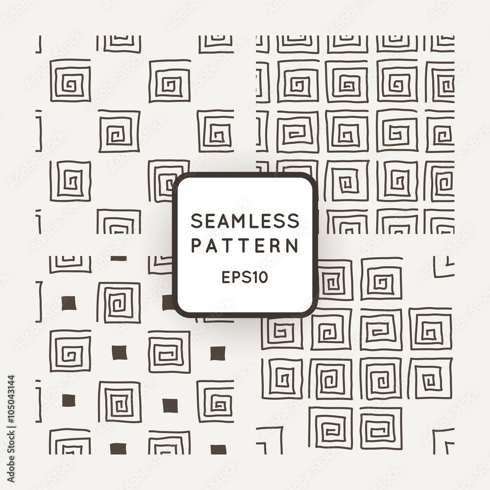 Vector set of seamless geometric patterns of crooked square spirals