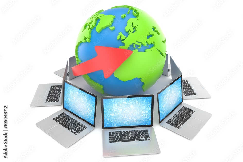 Laptop network around earth globe. 3d render Laptop network around earth globe. 3d render
