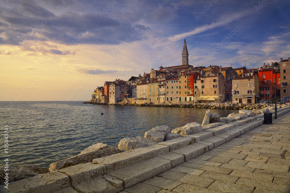 Naklejka premium Rovinj, Croatia. Beautiful romantic old town of Rovinj during sunset,Istrian Peninsula,Croatia,Europe.