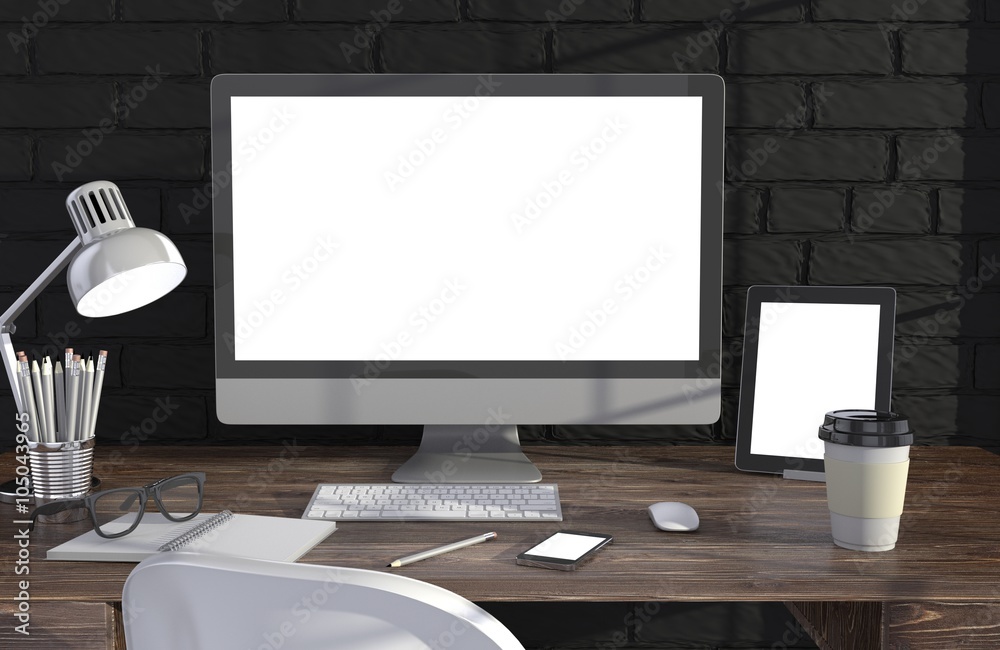 Fototapeta premium 3D illustration PC screen on table in office, Workspace