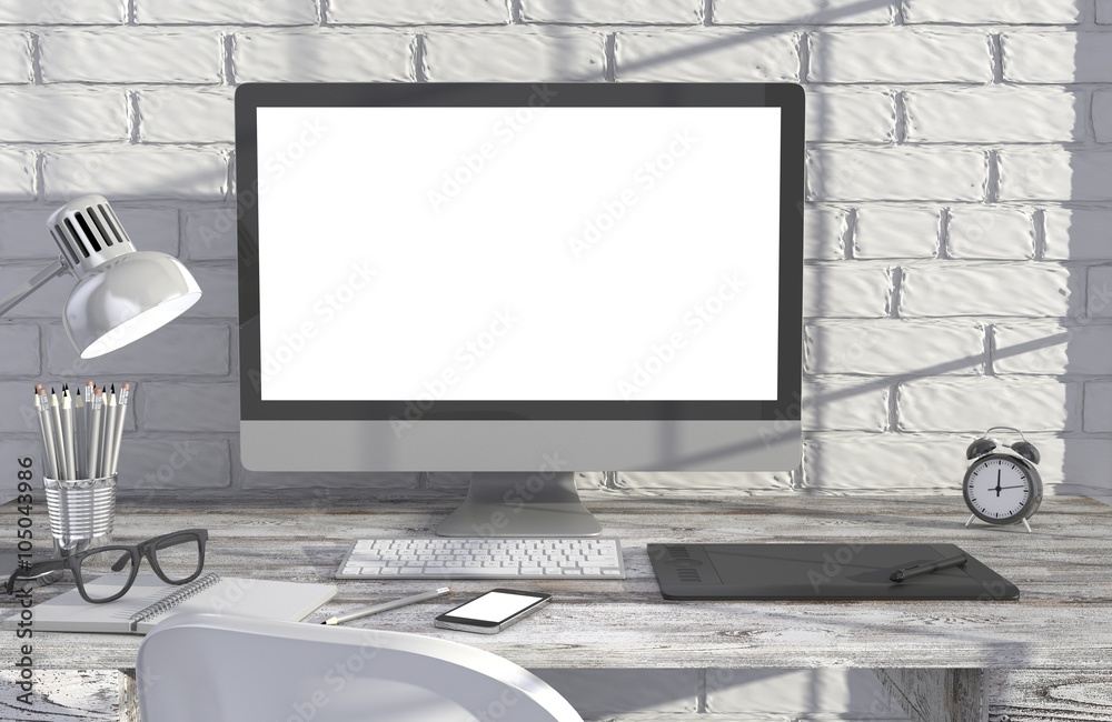 Fototapeta premium 3D illustration PC screen on table in office, Workspace