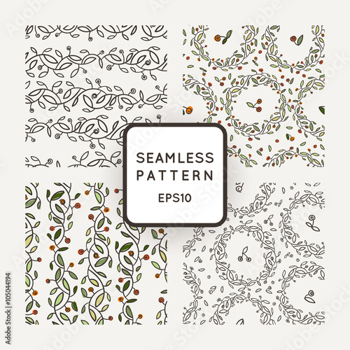 Set of vector seamless patterns of stylized branches with leaves and cherries, wreaths