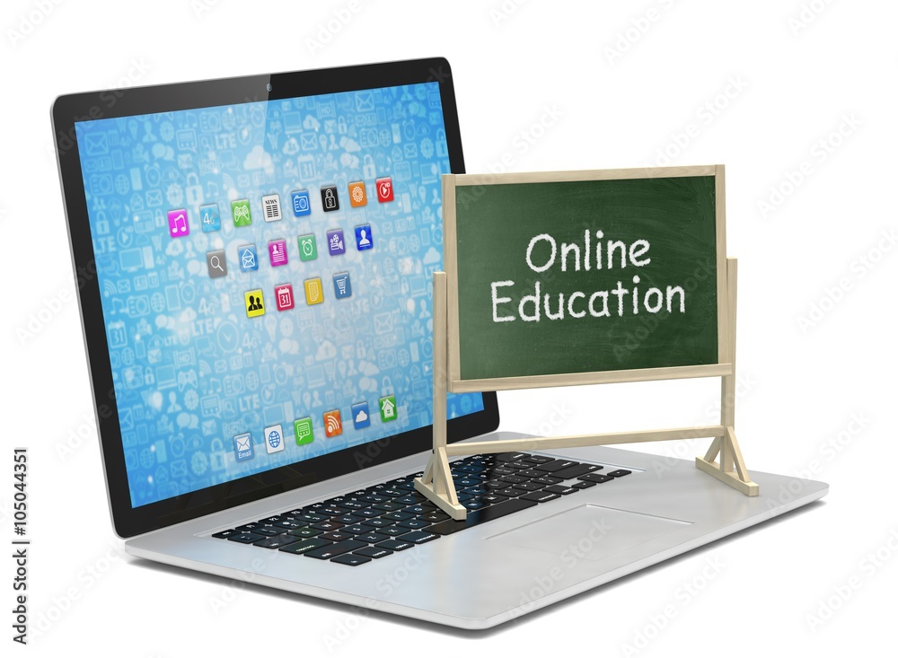  Laptop with chalkboard, online education concept