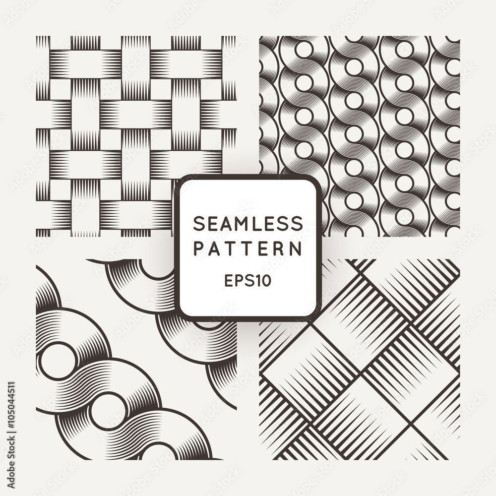 Set of vector seamless patterns with intertwined ribbons in the style of engraving