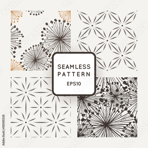 Set of vector seamless patterns with grungy hand-drawn elements and dots flowers