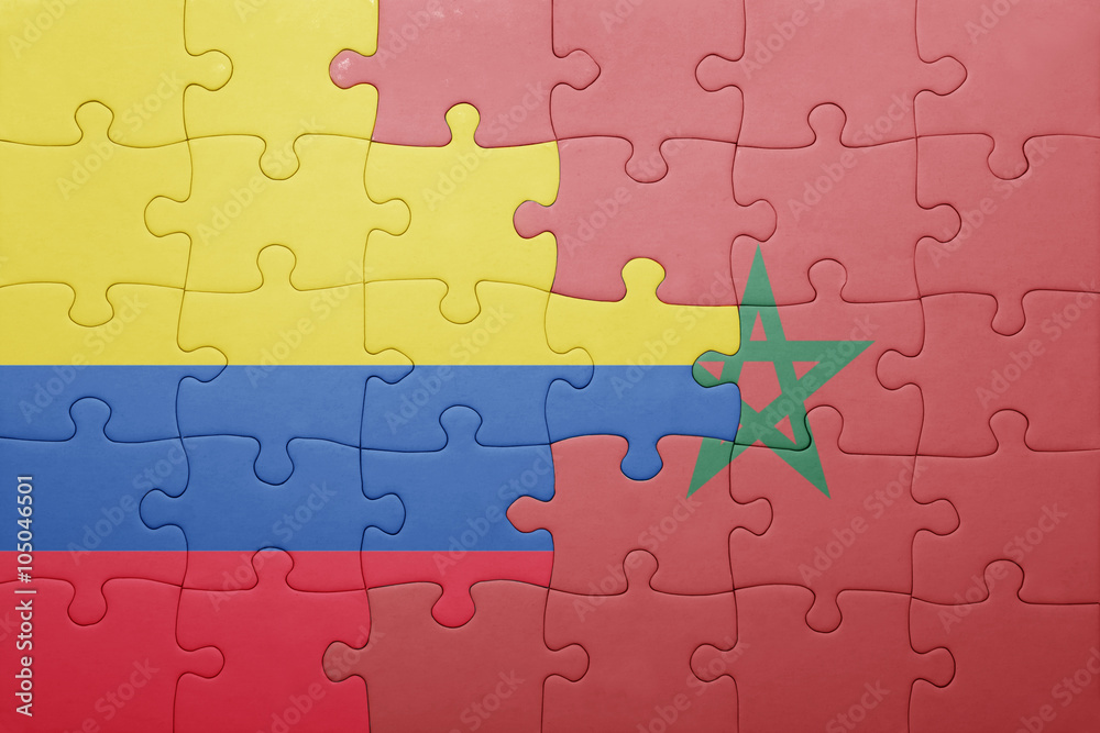puzzle with the national flag of morocco and colombia . puzzle with the national flag of morocco and colombia .