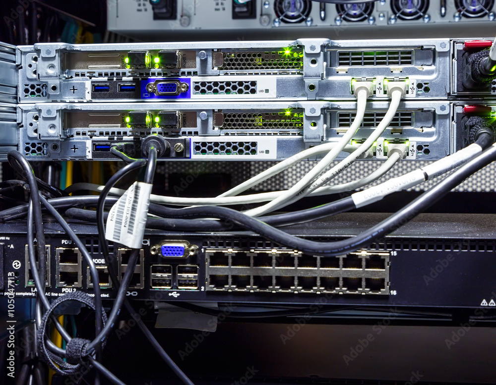 Router supercomputer rack close-up, wires and connectors Router supercomputer rack close-up, wires and connectors