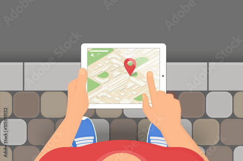 Man holds in his hand a tablet pc with mobile application for gps navigation. Illustration of traveling and finding locations using mobile gadgets