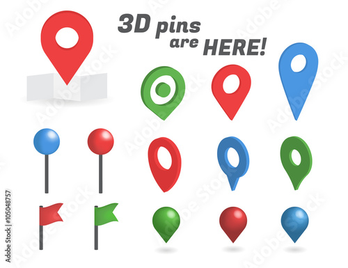 Navigation pins 3d isometric collection. Realistic pins and positioning flags isolated on white background