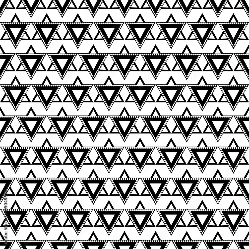 Seamless vector pattern. Symmetrical geometric background with triangles in black and white colors. Decorative repeating ornament. Series of Geometric Ornamental Patterns.