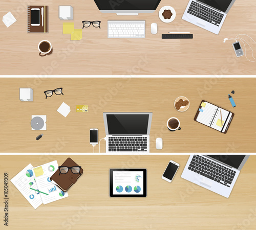 Realistic workplace organization. Set of three banners. Top view of different work desks with textured wooden table, laptop, smartphone, tablet pc, diary, glasses, and coffee mug