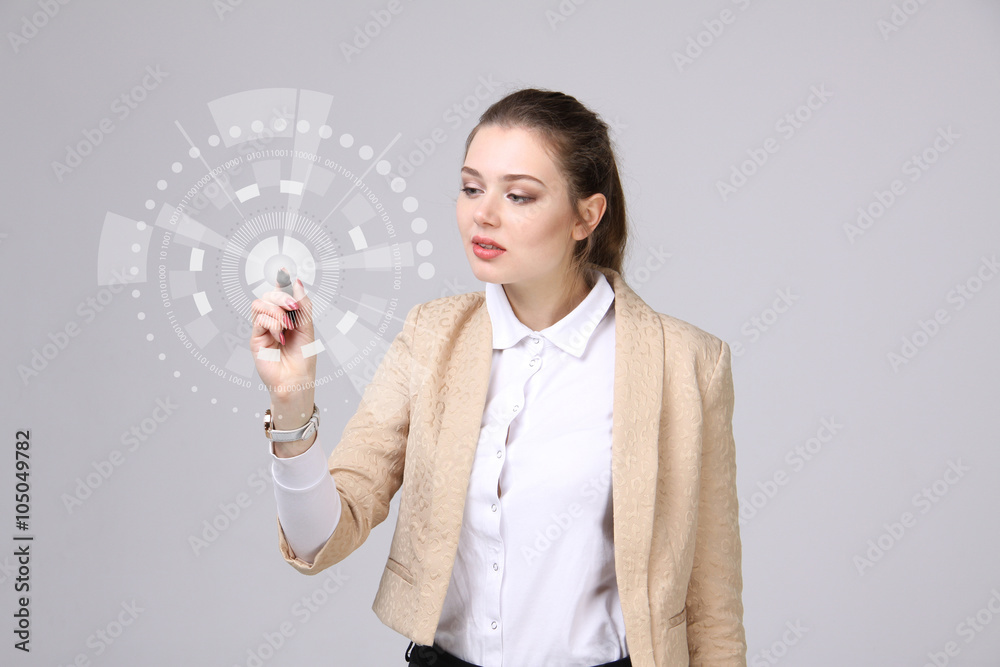Future technology. Woman working with futuristic interface Future technology. Woman working with futuristic interface