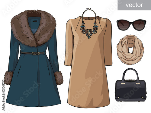 Lady fashion set of autumn, winter season outfit. Illustration stylish and trendy clothing. Vector.