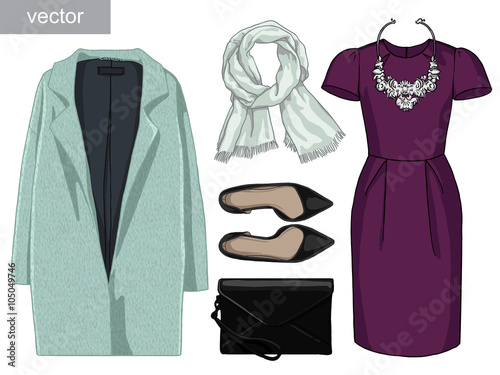 Lady fashion set of autumn, winter season outfit. Illustration stylish and trendy clothing. Vector.