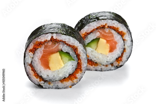   Delicious japanese  sushi rolls with  salmon and red caviar isolated on white. Futomaki rolls 