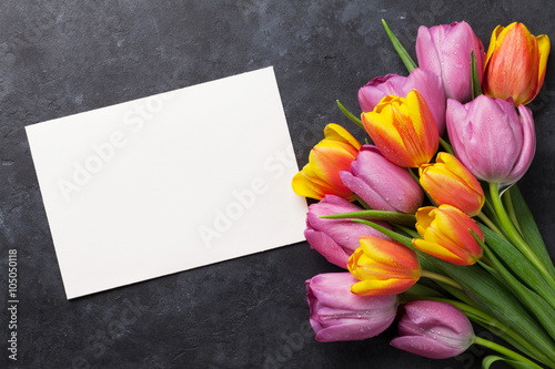Fototapeta Naklejka Na Ścianę i Meble -  Fresh tulip flowers and greeting card