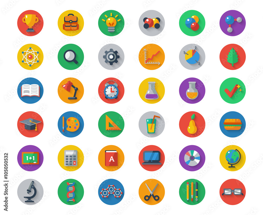 Flat School Icons on Circles with Shadow. Vector Collection. Flat School Icons on Circles with Shadow. Vector Collection.