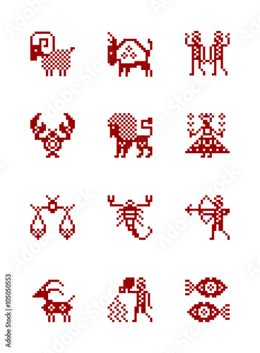 Zodiac Symbol icons in style of north Russian pattern.