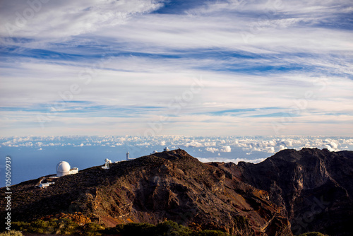 Landscape view with astronomical observatory on Caldera de Taburiente national park on La Palma island in Spain