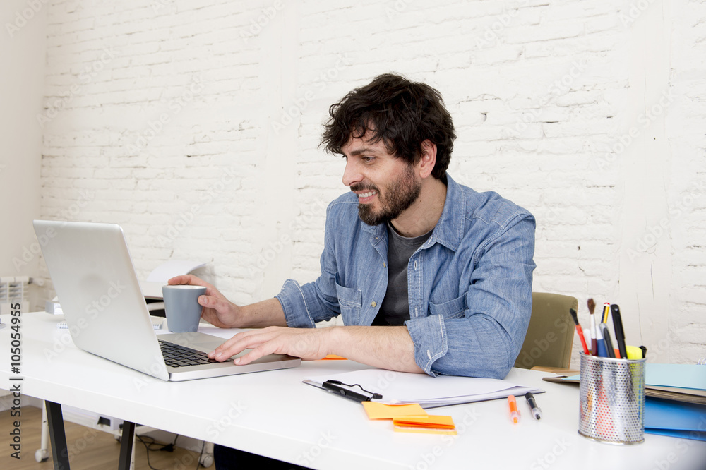Fototapeta premium corporate portrait young hispanic attractive hipster businessman working with computer modern home office