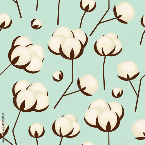 Cotton flowers seamless pattern on blue background. White cotton branches.vector illustration. Design for fabric and decor.