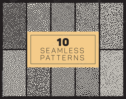 Set of Ten Vector Seamless Black and White Organic Rounded Jumble Maze Lines Patterns