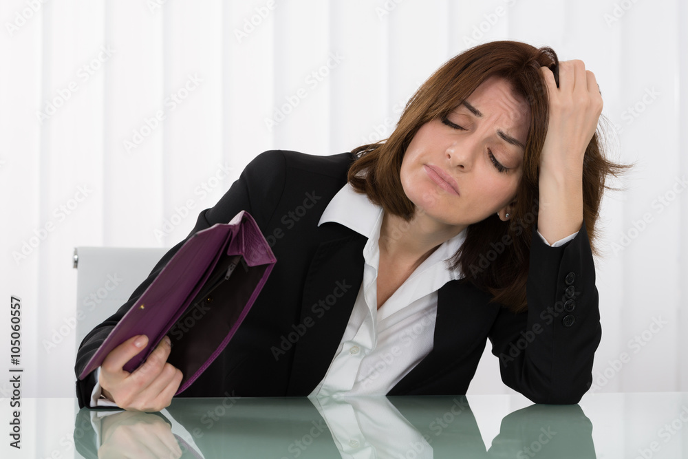Sad Businesswoman Holding Empty Purse Sad Businesswoman Holding Empty Purse
