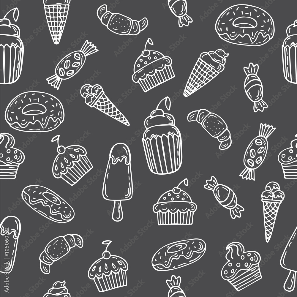 Hand drawn seamless pattern with cupcakes, sweets, bakery and de Hand drawn seamless pattern with cupcakes, sweets, bakery and de