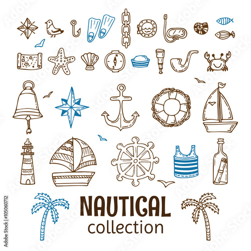 Hand drawn nautical collection. Marine icon set. Sea and ocean