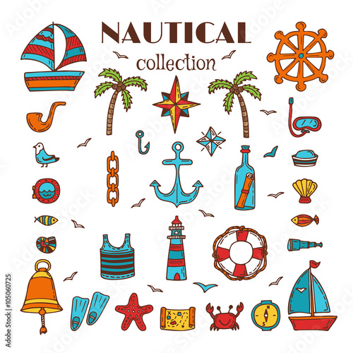 Hand drawn nautical collection. Sea and ocean. Marine icon set.