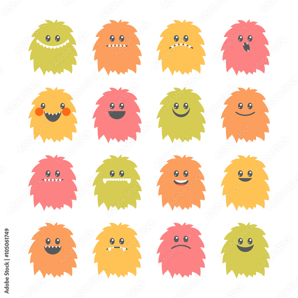 Set of cartoon smiley monsters. Collection of different cute and