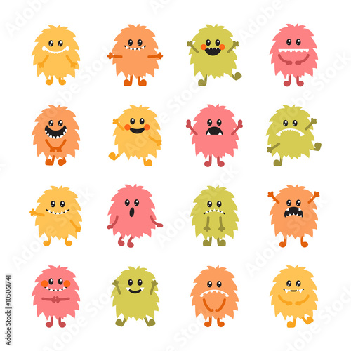 Set of cartoon hand drawn smiley monsters. Collection of differe