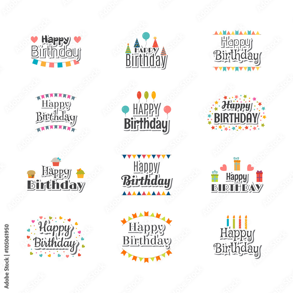 Set of Happy Birthday greeting cards. Cute postcard for your des