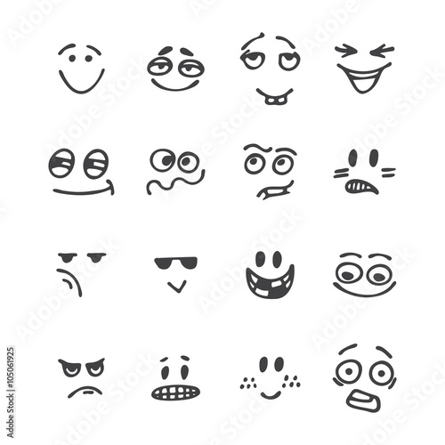 Set of hand drawn funny faces. Happy faces. Different emotions.